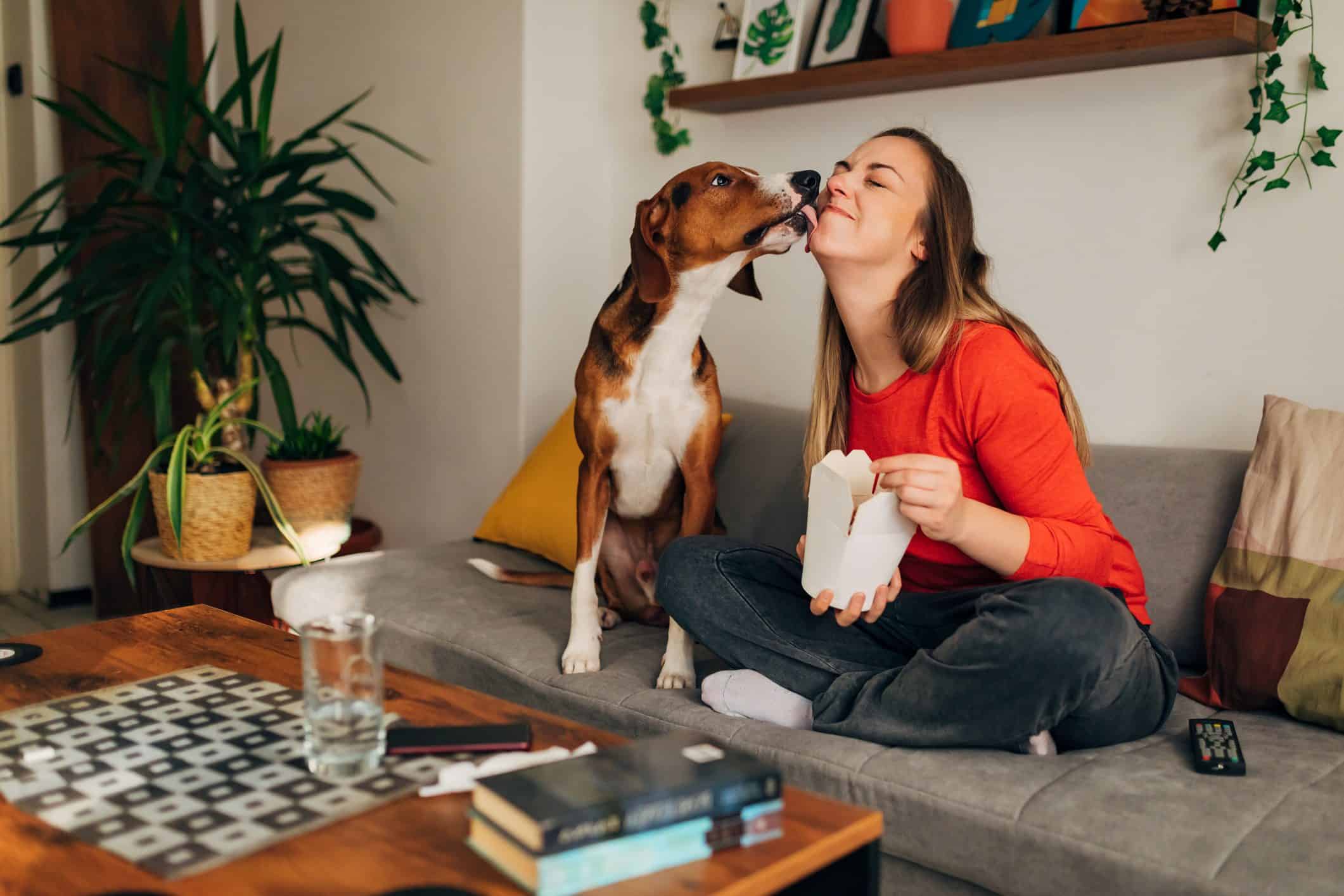 A young woman gets her faced licked by a dog.